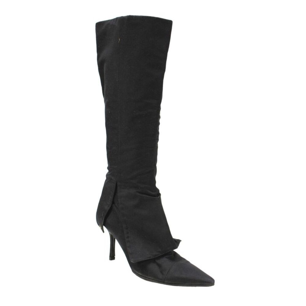 Chanel Womens Satin Pointed Toe Zippered Knee High Boots Black Size 10